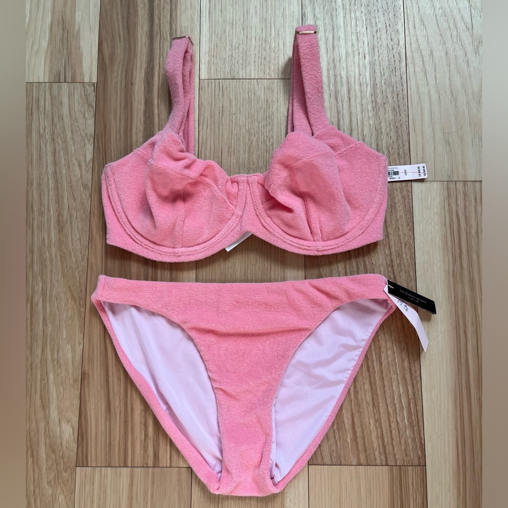 NWT Victoria Secret Pink Terrycloth Bathing Suit Set 34DD/Small